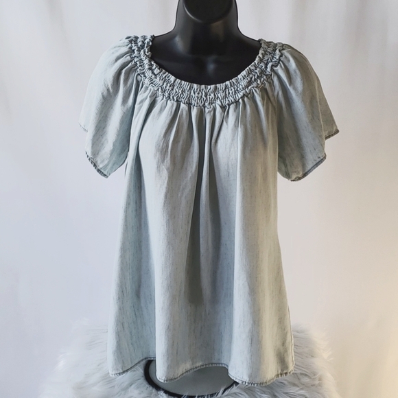 Michael Stars Chambray Blue Raglan Short Sleeve Round Neck Linen Top Size M - Picture 1 of 8